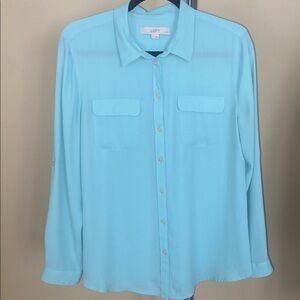 LOFT Blue Long Sleeve Button Down Shirt with Notched Collar